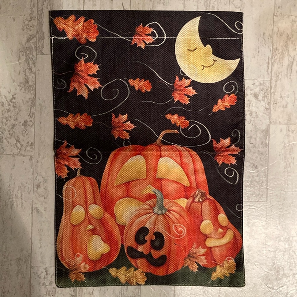Halloween Pumpkin Jack-O’-Lantern Leaves Moon Burlap Outdoor Garden Yard Flag